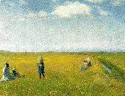 Michael Ancher born og unge piger plukker blomster pa en mark nord for skagen oil on canvas